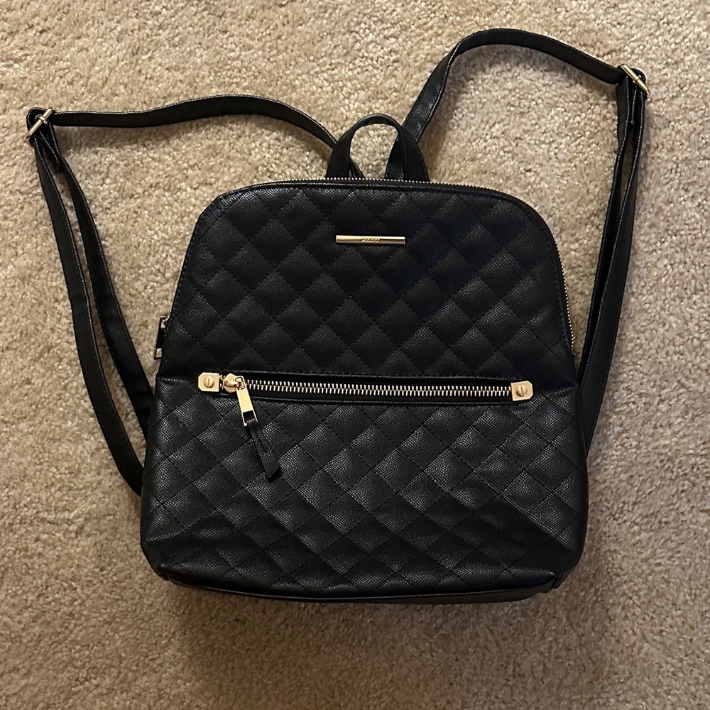 Aldo Black Faux Leather Quilted Backpack with Gold Accents